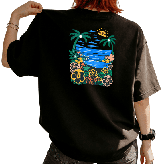 UNISHE Women's Tropical Beach Palm Tree and Hibiscus Floral Graphic Short Sleeve T-Shirt Casual Cotton Crewneck Top