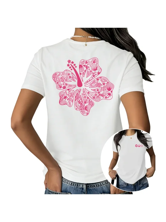 Women's Tropical Hibiscus Floral Beach Graphic Tee Soft Cotton Crewneck Casual Short Sleeve S-5XL