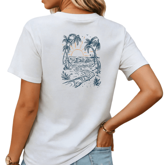 UNISHE Women's Tropical Sunset Palm Tree Ocean Scene Graphic Short Sleeve T-Shirt Casual Cotton Crewneck Top