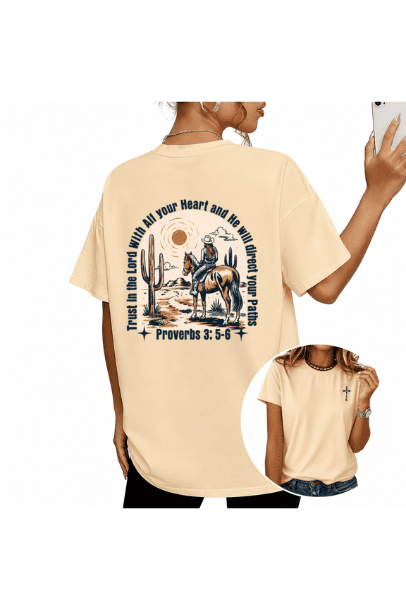 Women's Trust In The Lord Proverbs 3:5-6 Western Cowgirl Cactus Desert Front Back Print Graphic Short Sleeve Crew Neck Daily Casual Wear Tops
