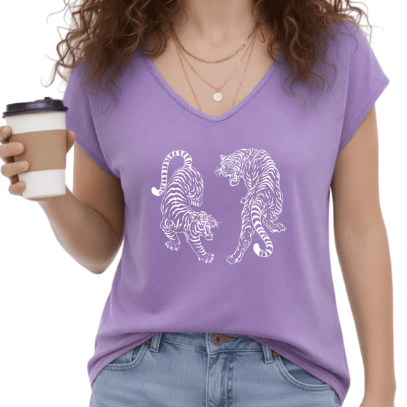UNISHE Women's Twin Tiger Line V-Neck Sleeveless T-Shirt Purple Fashion Casual Top