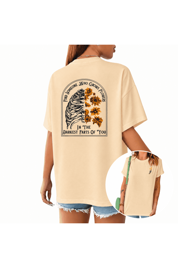 Women's Two Tone Vintage Arch Rib Skeleton Sunflower Dual Side Front Back Soul Growth Floral Quote Graphic Short Sleeve T-Shirts Apricot Tops