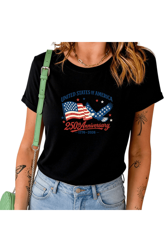 Women's USA 250th Anniversary 1776-2026 Eagle Flag Graphic Black Short Sleeve T-Shirt Casual Crewneck Patriotic Top