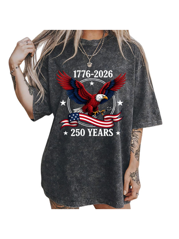 Women's USA 250th Anniversary Bald Eagle Retro Washed T-Shirt Short Sleeve S-2XL Oversized Fashion Tee