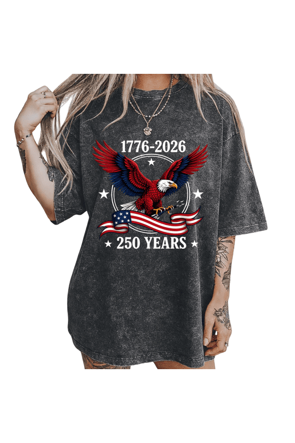 Women's USA 250th Anniversary Bald Eagle Retro Washed T-Shirt Short Sleeve S-2XL Oversized Fashion Tee