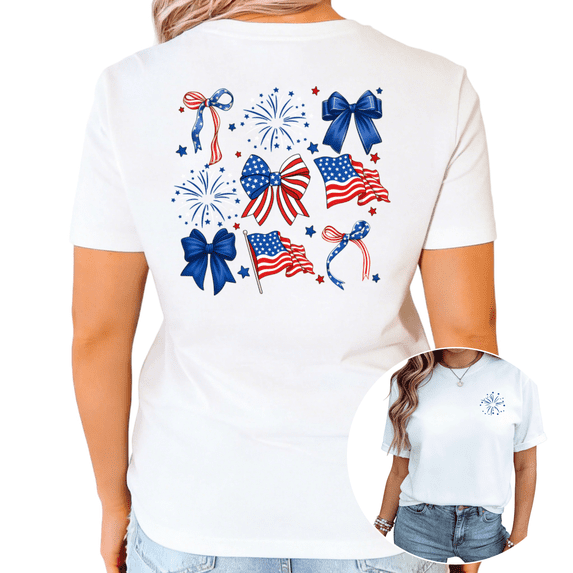 UNISHE Women's USA Flag Bow Fireworks Back Print Graphic White Short Sleeve T-Shirt Casual Cotton Crewneck Patriotic Tee