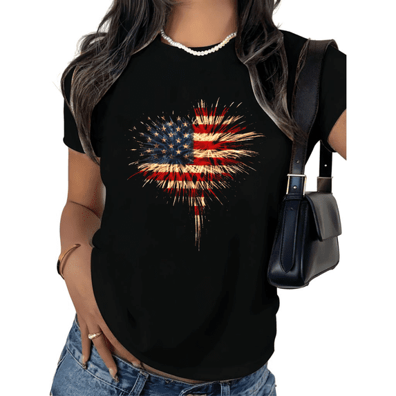 UNISHE Women's USA Flag Fireworks Tee American Patriotic 4th of July Graphic Short Sleeve Streetwear Top S-5XL