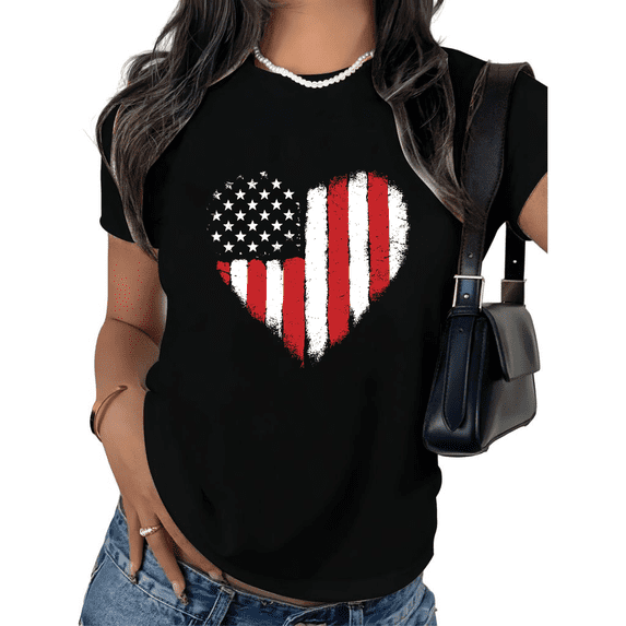 UNISHE Women's USA Flag Tee Patriotic Heart Distressed American Graphic Short Sleeve Tee S-5XL