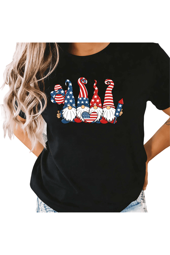 Women's USA Patriotic 4th of July Gnomes Graphic Short Sleeve T-Shirt Black S-5XL Fashion Oversized Top