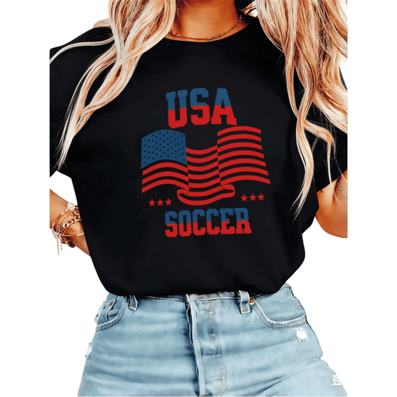 UNISHE Women's USA Soccer Patriotic American Flag Graphic Short Sleeve T-Shirt Casual Cotton Crewneck Top Black S-5XL