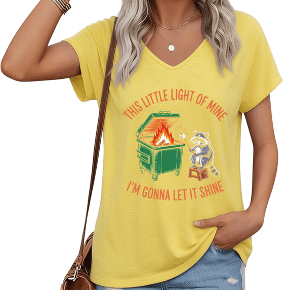 UNISHE Women's V-Neck Dumpster Fire Graphic T-Shirt Funny Raccoon Print Short Sleeve Tee Casual Summer Loose Fit Top