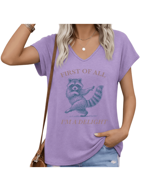 Women's V-Neck Raccoon Graphic T-Shirt Cute Animal Print Short Sleeve Tee Casual Summer Loose Fit Top
