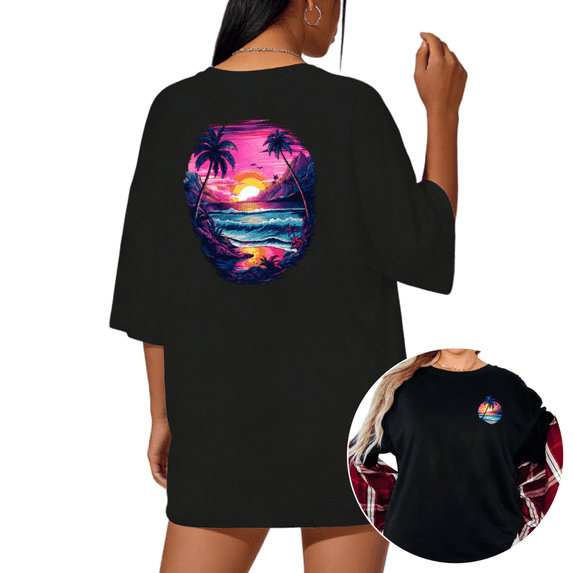 UNISHE Women's Vaporwave Ocean Sunset Landscape Print Short Sleeve T-Shirt Black Casual Crewneck S-5XL Top
