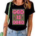 thumbnail image 1 of UNISHE Women's Vibrant Letter Print T-Shirt Colorful Striped Background Graphic Tee Casual Short Sleeve Crewneck Top, 1 of 6