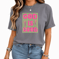 thumbnail image 1 of UNISHE Women's Vibrant Letter Print T-Shirt Colorful Striped Background Graphic Tee Casual Short Sleeve Crewneck Top, 1 of 6