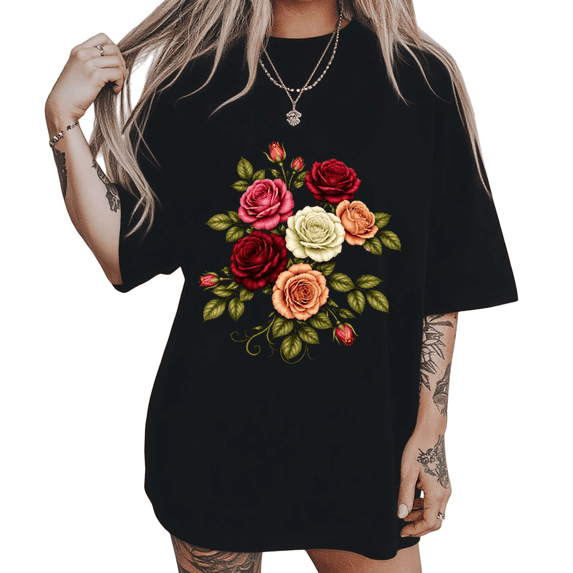 UNISHE Women's Vibrant Multi-Rose Graphic Tee Casual Crewneck Short Sleeve Floral Top