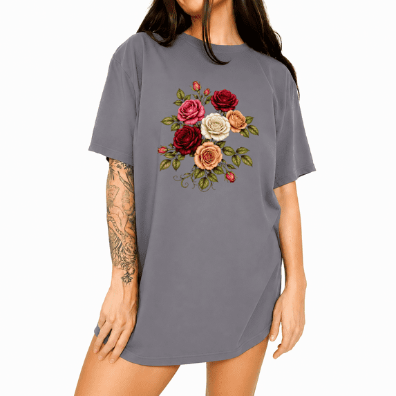 UNISHE Women's Vibrant Multi-Rose Graphic Tee Casual Crewneck Short Sleeve Floral Top