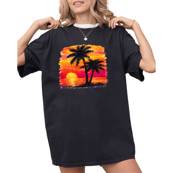UNISHE Women's Vibrant Tropical Sunset Palm Tree Graphic Black Short Sleeve T-Shirt S-5XL Simple Crewneck Top