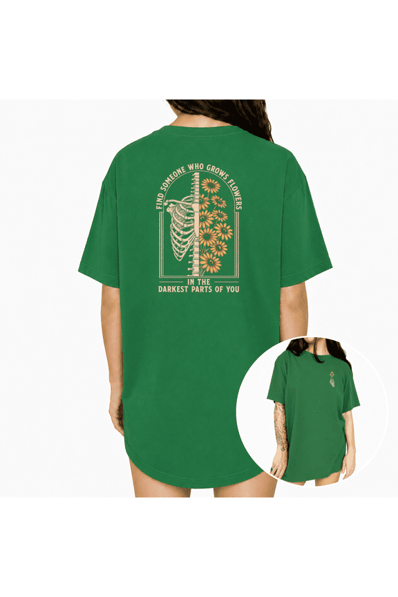 Women's Vintage Beige Rib Skeleton Sunflower Dual Side Back Front Inspirational Floral Quote Graphic Short Sleeve T-Shirts Green Tops