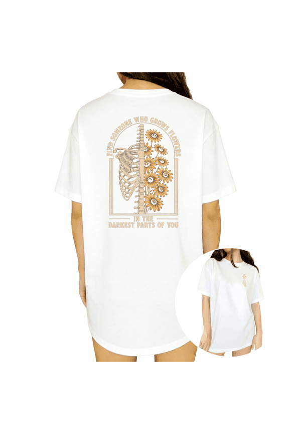 Women's Vintage Beige Rib Skeleton Sunflower Dual Side Back Front Inspirational Floral Quote Graphic Short Sleeve T-Shirts white Tops