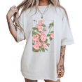 thumbnail image 1 of UNISHE Women's Vintage Botanical Print Framed Pink Rose Blossom Graphic Short Sleeve T-Shirt S-5XL White Tops, 1 of 5