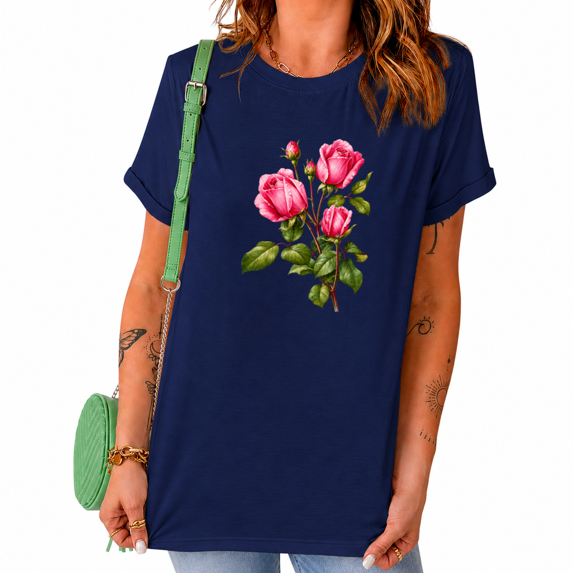 UNISHE Women's Vintage Botanical Rose Tee Watercolor Floral Graphic Crewneck Short Sleeve Nature Top