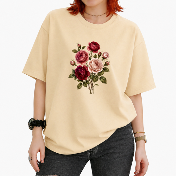 UNISHE Women's Vintage Burgundy Blush Rose Bouquet Floral Graphic Cropped Short Sleeve T-shirt Classic Relaxed Fit Daily Casual Top