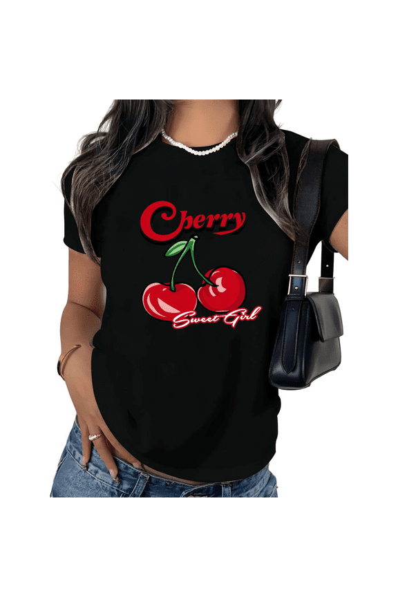 Women's Vintage Cherry Tee Sweet Girl Retro Graphic Short Sleeve Black Casual Top S-5XL