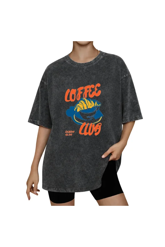 Women's Vintage Coffee Club All Day Brunch Print Vintage Washed T-Shirt Crew Neck Short Sleeve Boxy Loose Fit Distressed Cotton Casual Streetwear Shirts