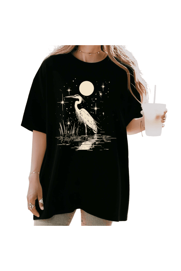 Women's Vintage Cream Heron Full Moon Starry Night Water Reflection Reeds Graphic Short Sleeve T-Shirt Breathable Crewneck Top