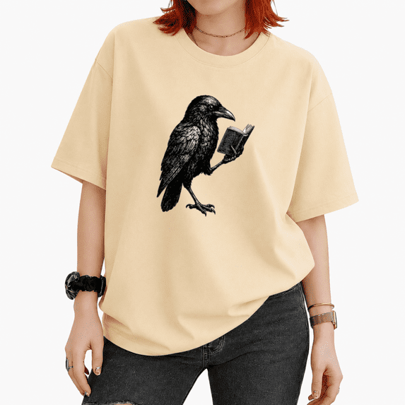 UNISHE Women's Vintage Crow Holding Reading Book Graphic Short Sleeve T-shirt Casual Loose Everyday Summer Top