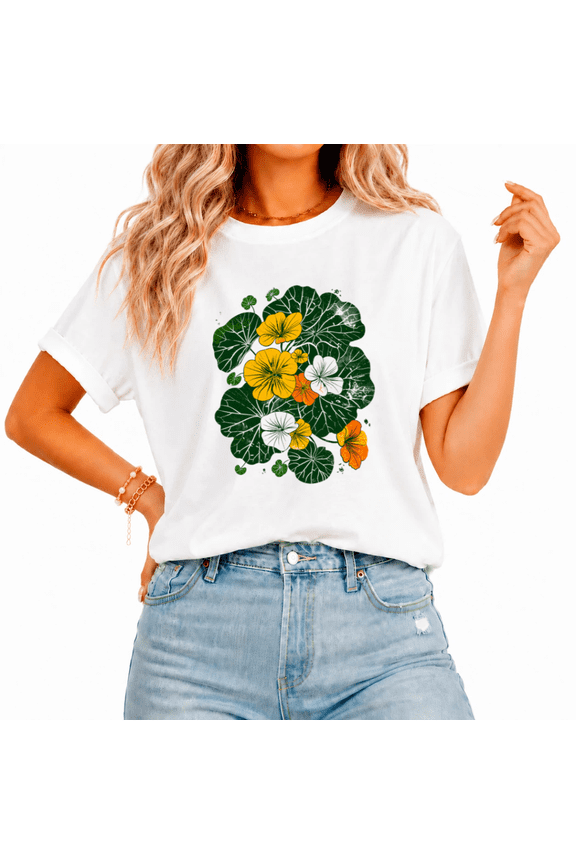 Women's Vintage Distressed Nasturtium Floral Leaf Graphic Short Sleeve T-shirt Loose Fit Casual Daily Tee