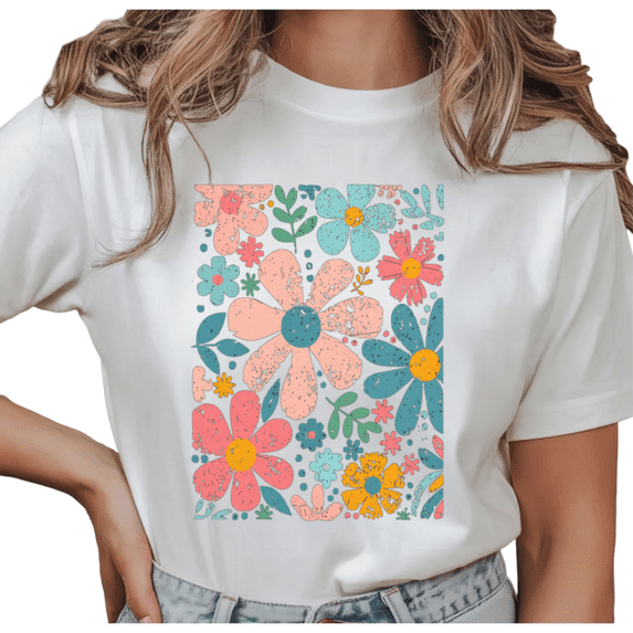 UNISHE Women's Vintage Distressed Pastel Daisy Floral Block Print Graphic Short Sleeve T-Shirt Casual Breathable Crewneck Top