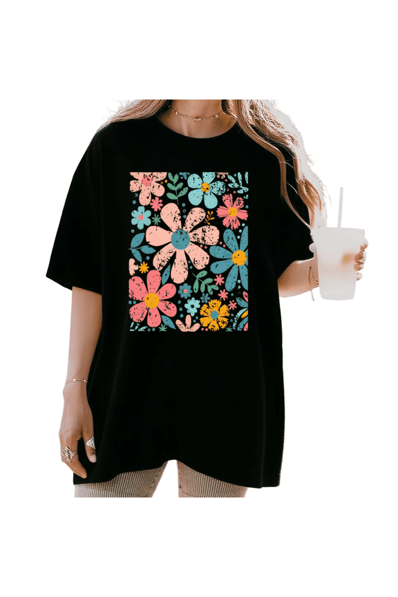 Women's Vintage Distressed Pastel Daisy Floral Block Print Graphic Short Sleeve T-Shirt Casual Breathable Crewneck Top