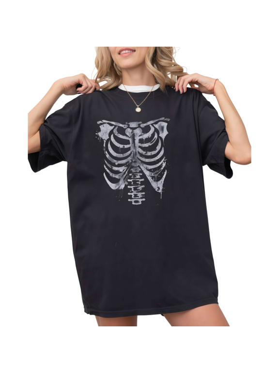 Women's Vintage Distressed Rib Cage Skeleton Graphic Short Sleeve T-Shirt Black Casual Oversized S-5XL Top