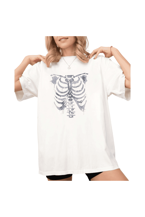 Women's Vintage Distressed Rib Cage Skeleton Graphic Short Sleeve T-Shirt White Casual Oversized S-5XL Top