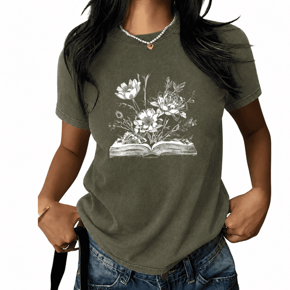 UNISHE Women's Vintage Floral Book Graphic Tee - Oversized Aesthetic Short Sleeve Crewneck Top, Dark Wash Look, Trendy Summer Outfit