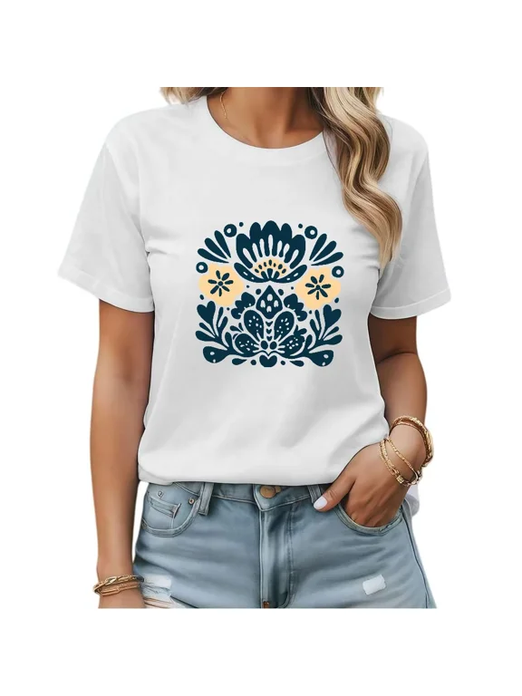 Women's Vintage Folk Cutout Floral Ethnic Graphic Short Sleeve T-Shirt Lightweight Cotton Crewneck Oversized Bohemian White Basic Tee