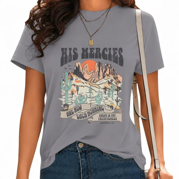 UNISHE Women's Vintage Mountain Desert Faith Graphic Tee Casual Summer Tops for Daily Outfit Grey, 3XL