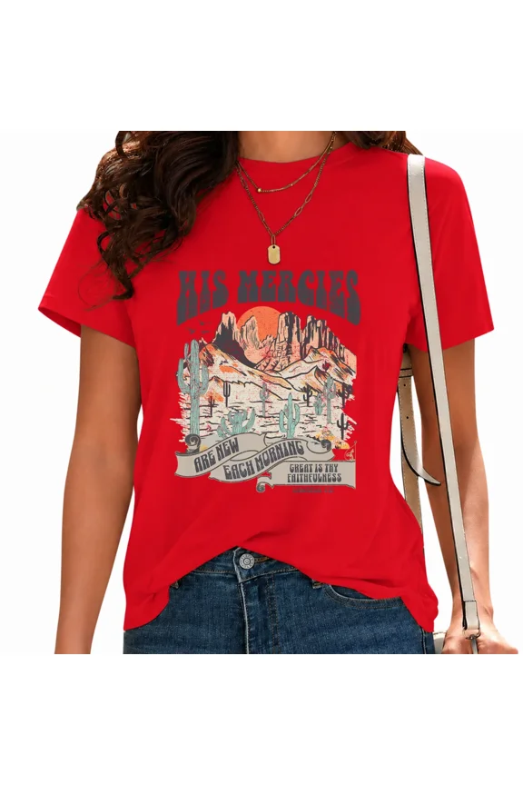 Women's Vintage Mountain Desert Faith Graphic Tee Casual Summer Tops for Daily Outfit Red, L