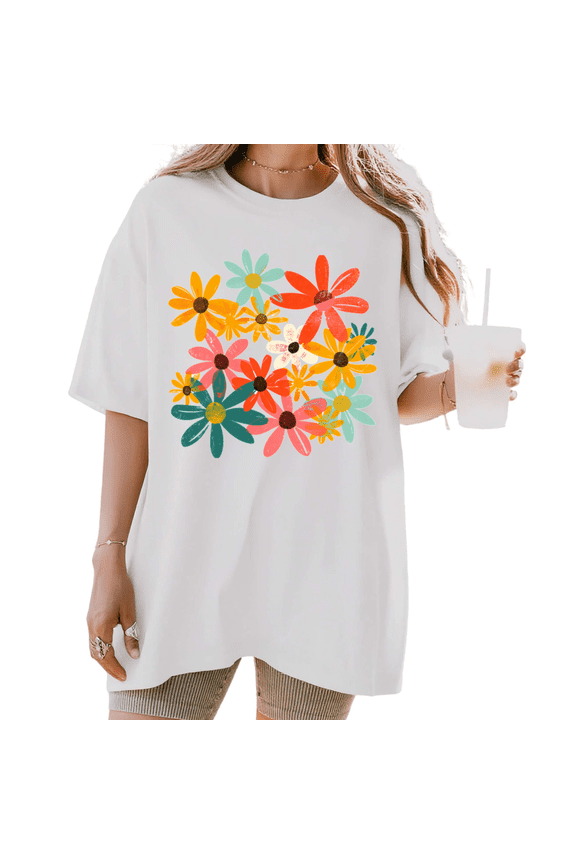 Women's Vintage Multicolor Daisy Cluster Retro Distressed Graphic Short Sleeve T-Shirt Casual Crewneck Top