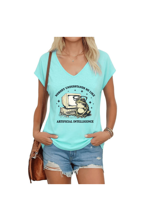 Women's Vintage Nerd Frog Old Computer Art V-Neck Short Sleeve T-Shirts Urban Downtown Science Bookstore Leisure Wear Blue S-5XL Tops