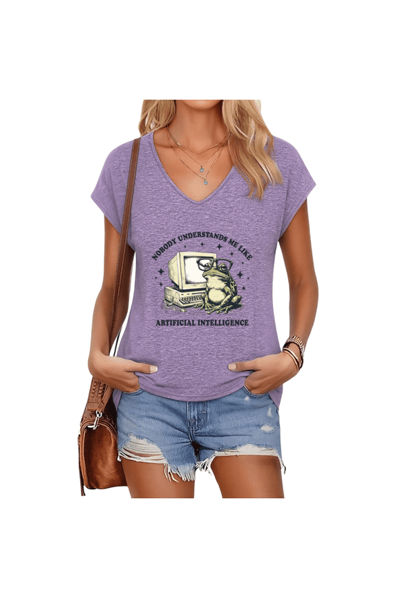Women's Vintage Nerd Frog Old Computer Art V-Neck Short Sleeve T-Shirts Urban Downtown Science Bookstore Leisure Wear Purple S-5XL Tops