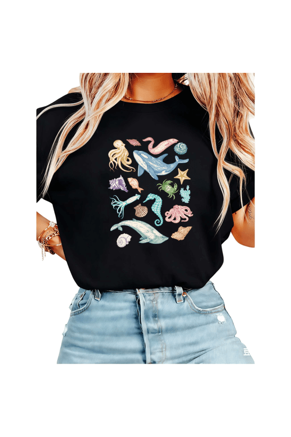 Women's Vintage Ocean Sea Creatures Graphic Short Sleeve T-Shirt Casual Cotton Crewneck Top