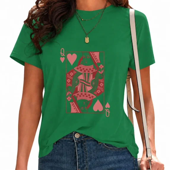 UNISHE Women's Vintage Playing Card Graphic Tee Cute Valentine's Day Short Sleeve Top Green, XL
