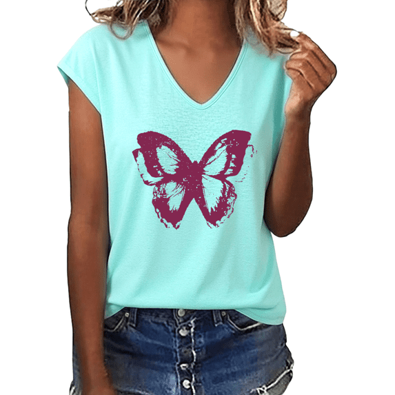 UNISHE Women's Vintage Purple Butterfly Graphic V-Neck Short Sleeve T-Shirt Casual Tee