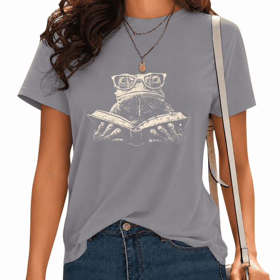 UNISHE Women's Vintage Reading Frog With Glasses Sketch Graphic Short Sleeve T-Shirt Soft Everyday Cotton Tees Tops
