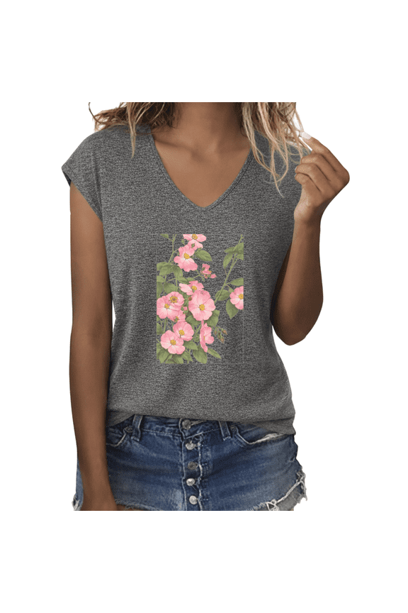 Women's Vintage Rectangle Framed Pink Wild Rose Vine Floral Graphic V-Neck Sleeveless T-Shirt Lightweight Soft Spring Summer Relaxed Fit Casual Daily Tank Top