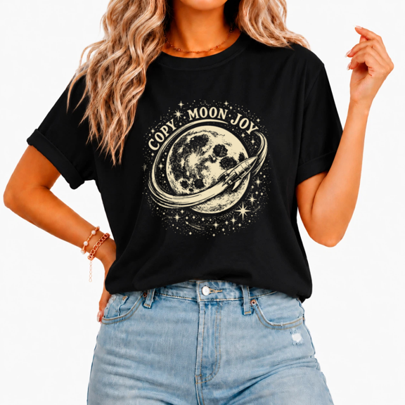 UNISHE Women's Vintage Rocket Full Moon Star Copy Moon Joy Circular Text Graphic Cropped Short Sleeve T-shirt Classic Relaxed Fit Casual Tee For Retro Space Astronomy Aesthetic Lovers