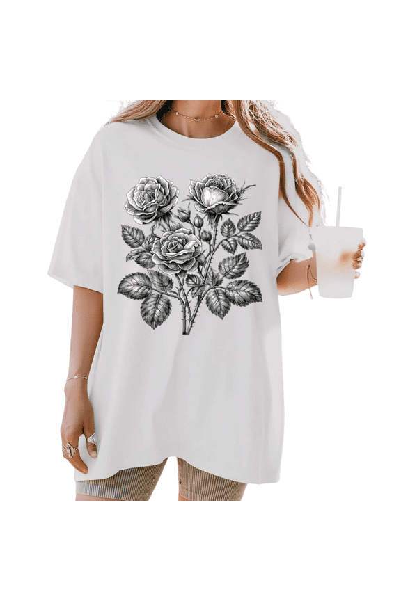 Women's Vintage Sketch Black And White Rose With Leaves Graphic Short Sleeve T-Shirt Casual Crewneck Top